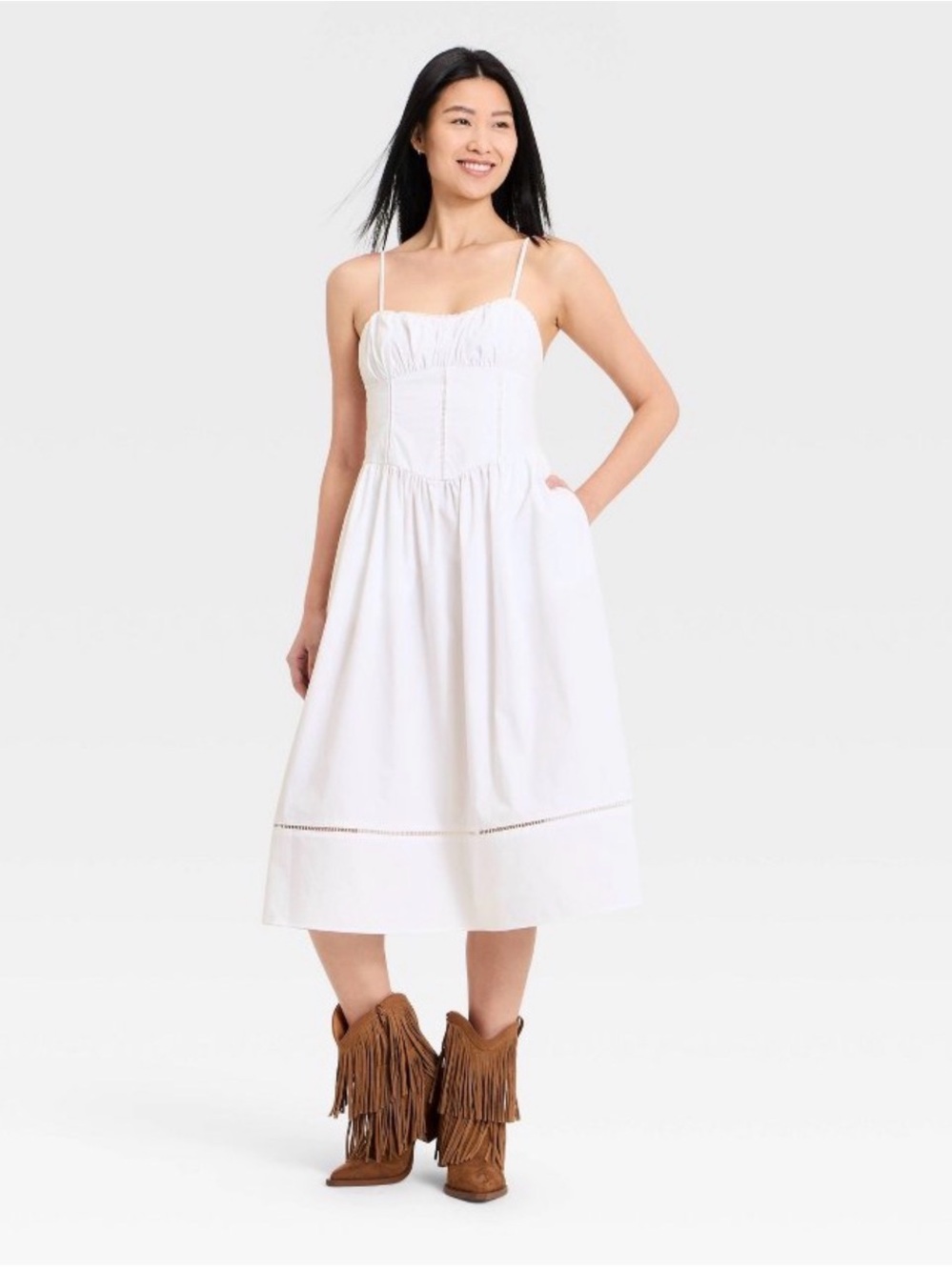 a new day White Spaghetti-Strap Midi Dress with Gathered Bodice